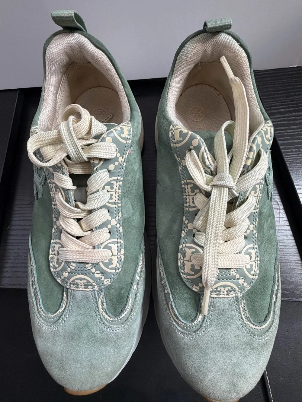 Tory Burch Sage Green Suede Sneakers with Cream Logo Panels